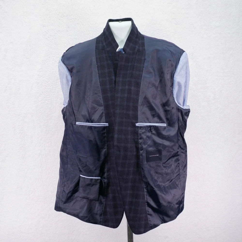 Tommy Hilfiger Soft Flannel Worsted Wool Sport Coat 48R Blue‎ Windowpane Tag 50L